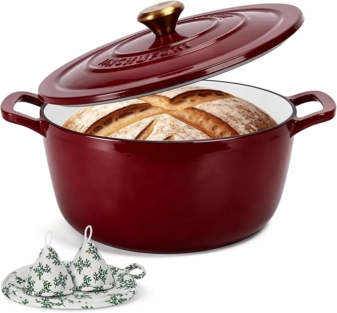 Enameled Cast Iron Dutch Oven - JINCHUFURI 5 Quart Cast Iron Dutch Oven Enameled Oven with Lid for Sourdough Bread Baking, Pre-Seasoned Pot Oven Safe by JINCHUFURI