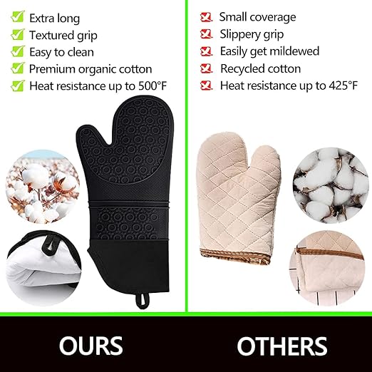 Silicone Oven Mitts and Pot Holders Sets, MTZRFLL Extra Long Heat Resistant Oven Gloves with Hot Pads and Mini Oven Mits Set for Kitchen Baking Cooking, Soft Quilted Lining, Pack of 6 (Black) - Image 3