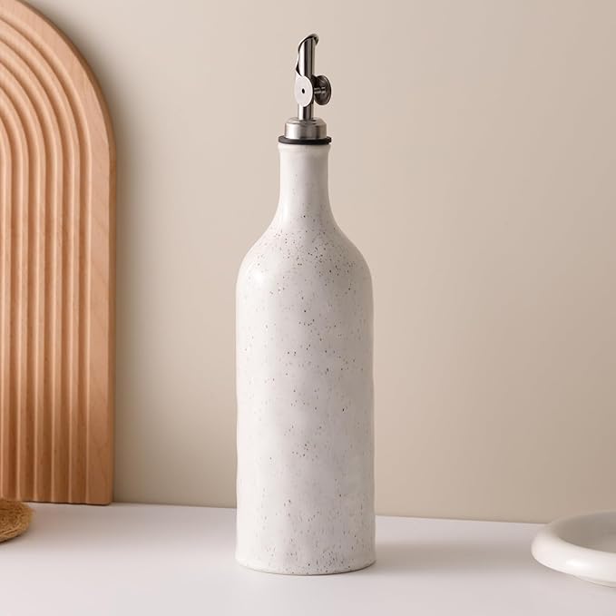 Olive Oil Dispenser Bottle for Kitchen, 23 Oz Ceramic Oil Dispenser with Gravity Spout for Olive Oil, Evoo, Vinegar, Soy Sauce, Coffee Syrups, Oil (White)