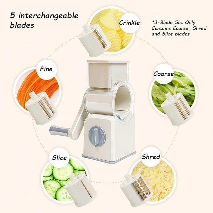 Rotary Cheese Grater with Hand Crank, Multi-Purpose Shredder Slicer with 5 Interchangeable Stainless Steel Blades for Shredding, Slicing, and Grating Cheese, Vegetables, and Fruit (Beige) - Image 6