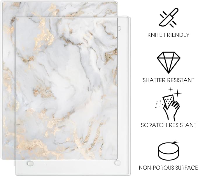 JAMBALAY Tempered Glass Cutting Board for Kitchen, 12"x8" Marble Pattern Cutting Board, Glass Chopping Board with Rubber Non Slip Feet, Heat and Scratch Resistant, Dishwasher Safe, White Golden