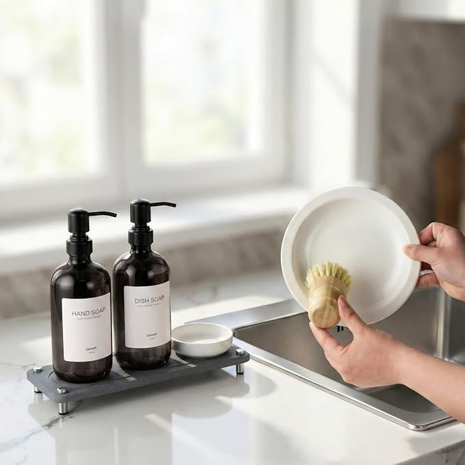 2 Pack Kitchen Soap Dispenser Set - 16oz Black Glass Dish and Hand Soap Dispenser with Stainless Steel Pump, Instant Dry Tray, Dish Brush & Holder, Refillable Countertop Sink Decor for Kitchen & Bath - Image 6