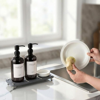 2 Pack Kitchen Soap Dispenser Set - 16oz Black Glass Dish and Hand Soap Dispenser with Stainless Steel Pump, Instant Dry Tray, Dish Brush & Holder, Refillable Countertop Sink Decor for Kitchen & Bath - Image 6