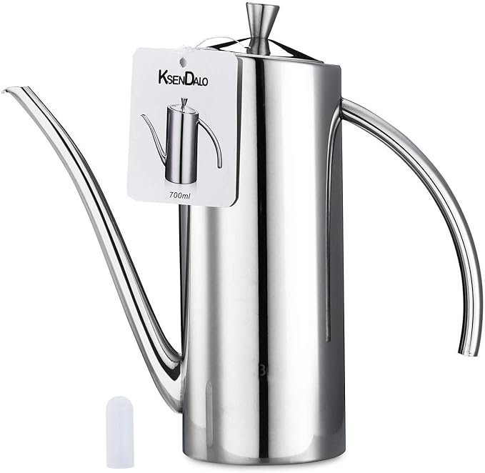 KSENDALO Premium Stainless Steel Olive Oil Dispenser (24oz/700mL) - Leakproof Kitchen Cruet & Olive Oil Bottle with Ergonomic ONE-Piece Body, Long Narrow Spout for Precision Pouring & Arc Handle by KSENDALO