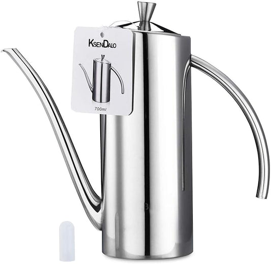 KSENDALO Premium Stainless Steel Olive Oil Dispenser (24oz/700mL) - Leakproof Kitchen Cruet & Olive Oil Bottle with Ergonomic ONE-Piece Body, Long Narrow Spout for Precision Pouring & Arc Handle by KSENDALO