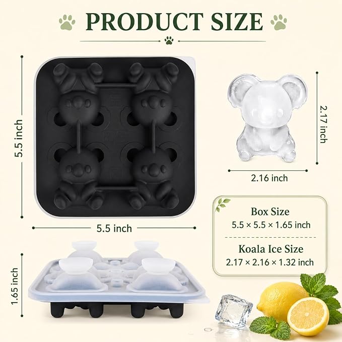 Koala Ice Cube Tray Mold - 3D Koala Shape Ice Cube Trays, Cute Ice Cube Molds for Whiskey Bourbon, 4-Hole Large Fun Shapes Ice Cube Trays, Funny Koala Gifts for Koala Animal Lovers Women Men