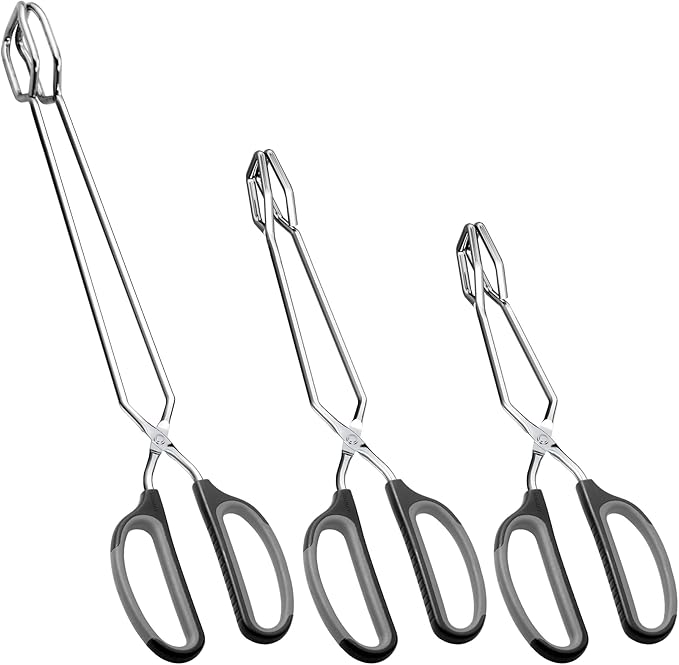 HINMAY Stainless Steel Scissor Tongs Cooking Tongs Set, Set of 3 (Black Handle, 10" 12" 16") by HINMAY
