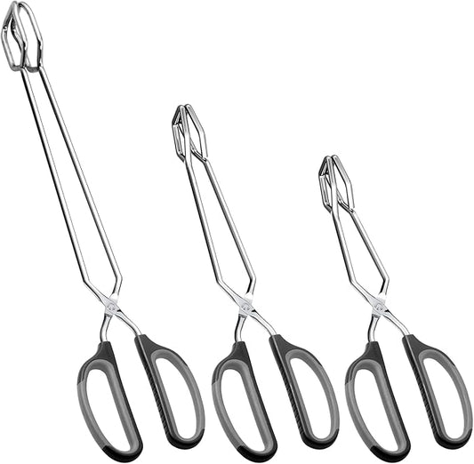 HINMAY Stainless Steel Scissor Tongs Cooking Tongs Set, Set of 3 (Black Handle, 10" 12" 16") by HINMAY