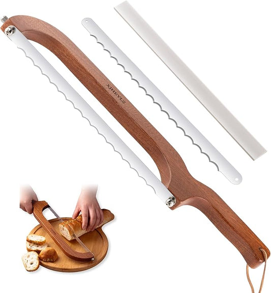 Sourdough bread knife,Bread Slicer for Homemade Bread,Adjustable blade tightness for Even Slicing, Serrated knife,Wooden Bread cutter with Bow Design (3, Red-brown color)