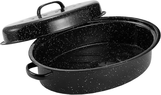 Granite Roasting Pan, Medium 15.7” Enameled Roasting Pan with Domed Lid. Oval Turkey Roaster Pot, Broiler Pan Great for Small Turkey, Chicken, Ham, Dishwasher Safe Fit for Roast Bird by Kendane