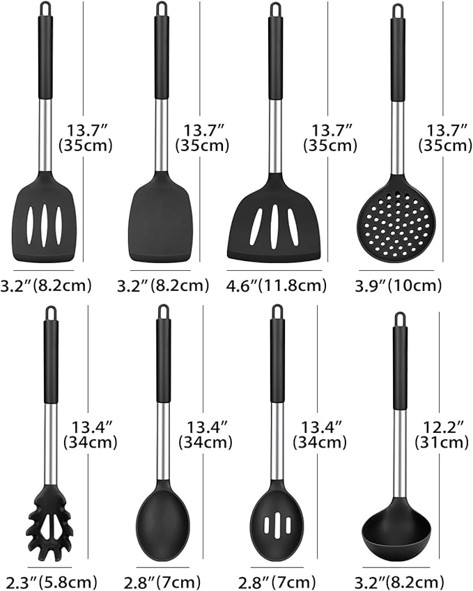 Silicone Cooking Utensil Set, 8Pcs Non-stick Cookware with Stainless Steel Handle, BPA Free Heat Resistant Kitchen Tools with Spatulas, Turners, Spoons, Skimmer and Pasta Fork - Image 2