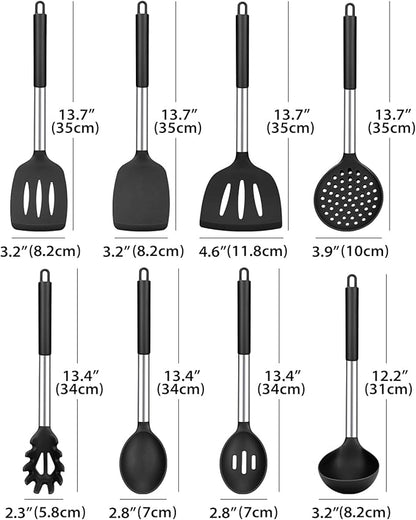 Silicone Cooking Utensil Set, 8Pcs Non-stick Cookware with Stainless Steel Handle, BPA Free Heat Resistant Kitchen Tools with Spatulas, Turners, Spoons, Skimmer and Pasta Fork - Image 2