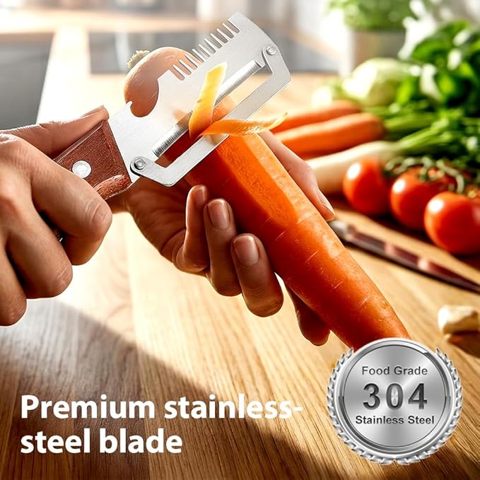 2Pcs Multi-Functional Vegetable Peeler, Ultra-Sharp Stainless Steel Blade with Wooden Handle and Bottle Opener, Contour-Flow for Kitchen Prep, Camping, Apple Potato Pumpkin Papaya Peeling (2) - Image 6