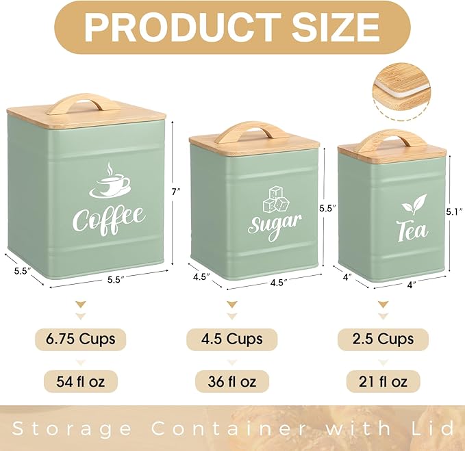 Maxdot 3 Set Coffee Sugar Tea Containers, Square Airtight Kitchen Canisters Storage Ground Organization with Bamboo Lids Rustic Metal Jars for Coffee Bar Beans, Tea Leaves, Food, Countertop(Turquoise) - Image 2
