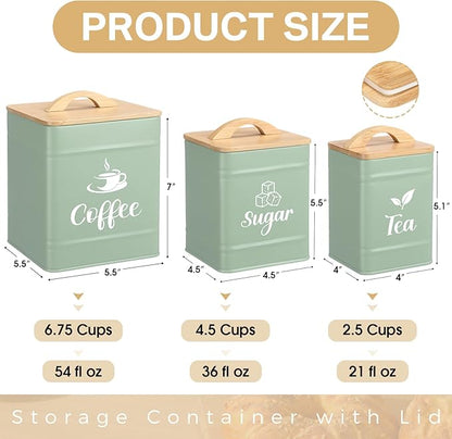 Maxdot 3 Set Coffee Sugar Tea Containers, Square Airtight Kitchen Canisters Storage Ground Organization with Bamboo Lids Rustic Metal Jars for Coffee Bar Beans, Tea Leaves, Food, Countertop(Turquoise) - Image 2