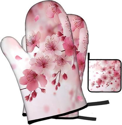 LOKMU Oven Mitts and Pot Holders Set of 3, Watercolor Pink Cherry Blossoms Flowers Heat Resistant Kitchen Gloves Hot Pads for Cooking Baking BBQ, Kitchen Decor Gifts for Cooking Lover Cooks