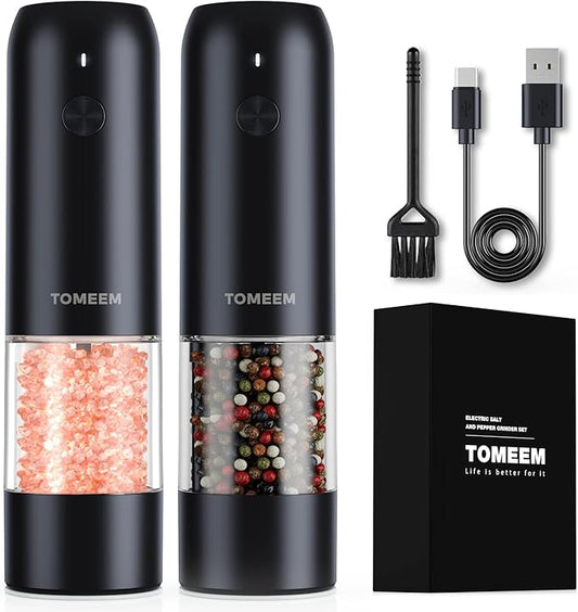 TOMEEM Electric Salt and Pepper Grinder Set with LED Lights，Rechargeable Automatic Pepper and Salt Mill with 6 Adjustable Coarseness, Dust Cover, One-Button Control for Cooking, Home Gifts