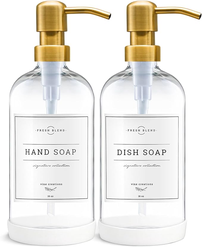 Vine Creations Glass Soap Dispenser, 2 Pack Kitchen Soap Dispenser Set with Stainless Steel Pump, 16 oz Dish Soap and Hand Soap Dispensers for Bathroom with Waterproof Labels (Clear) by VineCreations