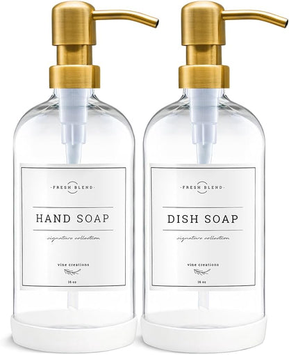 Vine Creations Glass Soap Dispenser, 2 Pack Kitchen Soap Dispenser Set with Stainless Steel Pump, 16 oz Dish Soap and Hand Soap Dispensers for Bathroom with Waterproof Labels (Clear) by VineCreations