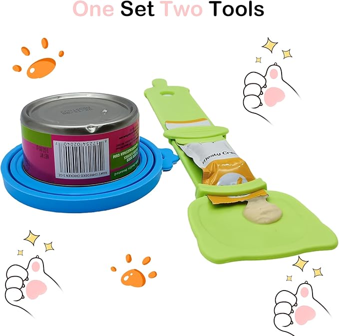Universal Pet Food Can Lids - 3 Pcs, Squeezable Cat Treat Feeder & Spoon, Green/Blue/Orange Lids, Green Feeder - Image 2
