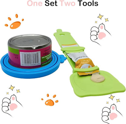 Universal Pet Food Can Lids - 3 Pcs, Squeezable Cat Treat Feeder & Spoon, Green/Blue/Orange Lids, Green Feeder - Image 2