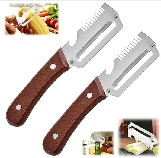 2 Pack MultiFunctional Vegetable Peeler,3 in 1 Multi Functional Wooden Handle Peeler and Bottle Opener,Peeler Knife for Fruit Pumpkin Peeling Potato Carrot Veggie Peeler by Unknown