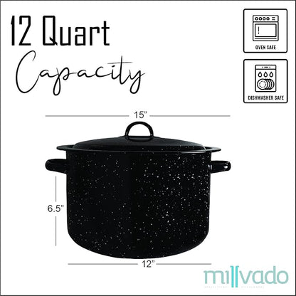 Millvado Granite 12 Qt Stockpot, Nonstick Soup Pot With Lid, Speckled Enamel Ware Cookware, Large Stock Pot For Boiling and Cooking, Big Granite Cooking Pot for Stovetop, Campfire, Outdoor Stove