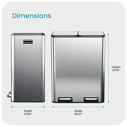Home Zone Living 16 Gallon Kitchen Trash Can with Dual Compartments for Recycling, Stainless Steel, Silver, 60 Liters Total