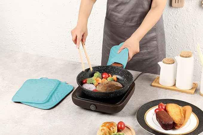 Oven Pot Holder with Pocket Cotton Heat Resistant Coaster Potholder Kitchen Hot Pad Oven Mitts for Cooking Square 7"x9"Set of 5 (Aqua) - Image 4