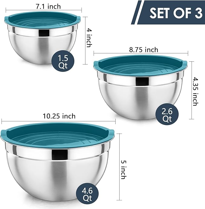 P&P CHEF Blue Mixing Bowls with Lids, Set of 3, Stainless Steel Salad Nesting Bowl for Mixing, Storing, Prepping, Airtight & Stackable, Size 4.6/3 /1.5 QT - Image 2