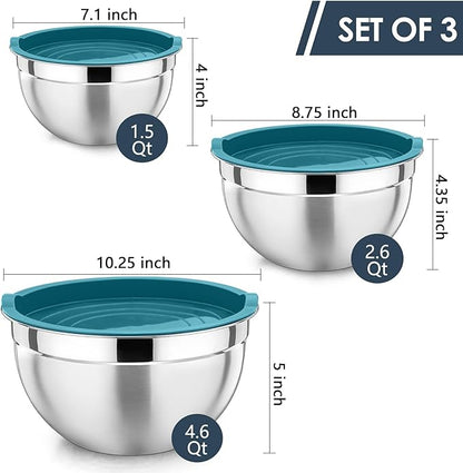 P&P CHEF Blue Mixing Bowls with Lids, Set of 3, Stainless Steel Salad Nesting Bowl for Mixing, Storing, Prepping, Airtight & Stackable, Size 4.6/3 /1.5 QT - Image 2