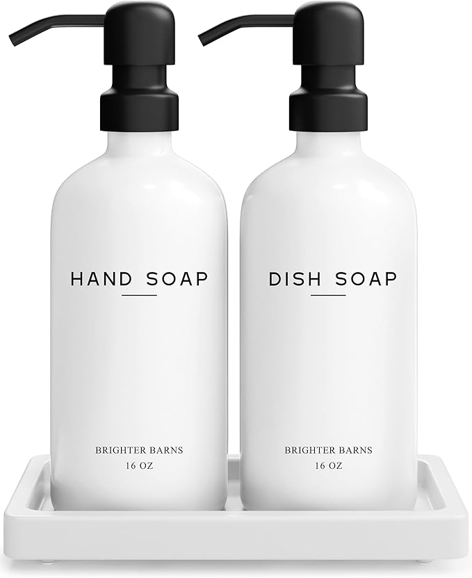 White Glass Hand and Dish Soap Dispenser Set by Brighter Barns - Kitchen Soap Dispenser Set with Tray for Kitchen, Home or Vacation Rental - Modern Kitchen Decor & Accessories (White) by BrighterBarns