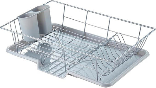 Space-Saving 3-Piece Dish Drainer Rack Set with Cutlery Holder - Maximize Kitchen Countertop Space, Silver by SweetHomeCollection