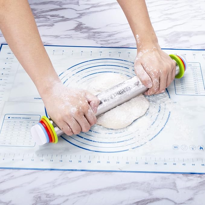 Rolling Pin and Pastry Baking Mat Set, Rolling Pins with Adjustable Thickness Rings, Stainless Steel Dough Roller for Baking Fondant, Pizza, Pie, Pastry, Pasta, Cookies (Blue) - Image 5