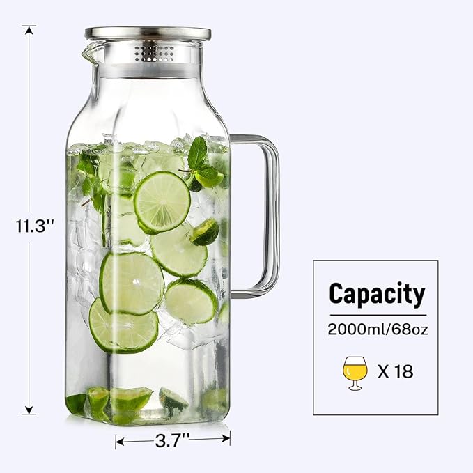 2 Quart (2 Liter 68 oz) Square Glass Pitcher with Lid and Spout, Water Pitchers with Handle for Fridge, Borosilicate Glass Carafe for Hot/Cold Drink, Large Jug for Iced Tea, Coffee,Juice,Milk,Beverage - Image 3