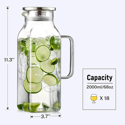 2 Quart (2 Liter 68 oz) Square Glass Pitcher with Lid and Spout, Water Pitchers with Handle for Fridge, Borosilicate Glass Carafe for Hot/Cold Drink, Large Jug for Iced Tea, Coffee,Juice,Milk,Beverage - Image 3