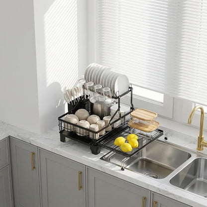 GSlife Large 2 Tier Dish Drying Rack, Expandable Heavy-Duty Dish Rack for Kitchen Counter, Rust-Resistant Dish Drainer with Utensil & Cup Holder, Auto-Drain, 16.9" W x 14.4"-22.4" L, Black - Image 9