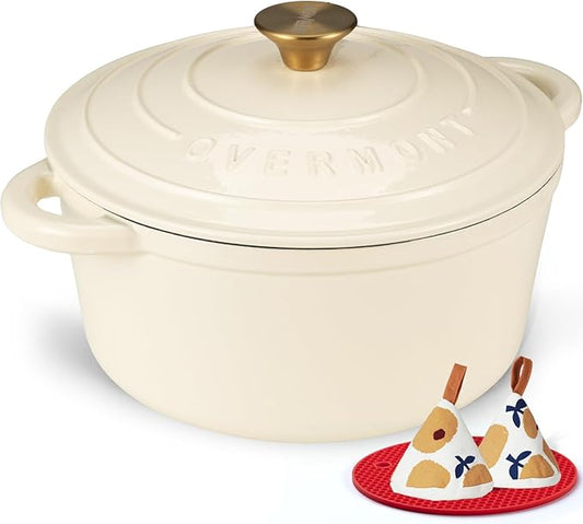 Overmont Enameled Cast Iron Dutch Oven - 7QT Pot with Lid Cookbook & Cotton Potholders - Heavy-Duty Cookware for Braising, Stews, Roasting, Sourdough Baking Cream White by Overmont