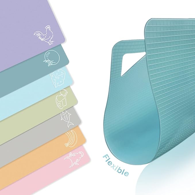 7 Pieces Plastic Flexible Cutting Boards for Kitchen, Non Slip Cutting Mats with Food Icons, Easy-Grip Handles, BPA- Free, 15"x12" - Image 3