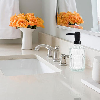 Clear Glass Soap Dispenser with Black Pump, 15oz Liquid Hand Dispenser, Refillable Lotion Dish Soap Dispenser for Modern Home Decor, Bathroom, Kitchen Countertop, Hotel