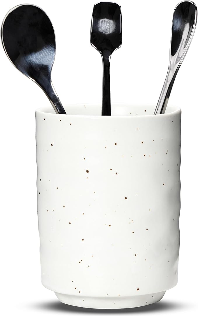 Ceramic Spoon Holder for Coffee Bar, Upright Tea Spoon Holder Cup, Coffee Stirrers Straws Stir Stick Holder, White by U-TIMES