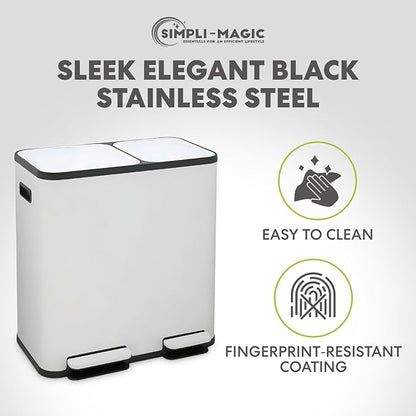Simpli-Magic 70 Liter / 18.5 Gallon Rectangular Hands-Free Dual Compartment Recycling Kitchen Step Trash Can with Soft-Close Single Lid, Stainless Steel (40L x 30L Capacity), White - Image 8