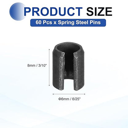 MECCANIXITY 60Pcs Slotted Split Roll Pins 6/25 Inch(6mm) Dia. 3/10 Inch(8mm) Length 65Mn Steel Spring Tension Expansion Dowels for Secure Fastening, Black