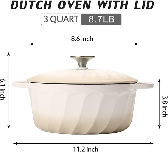 Enameled Cast Iron Dutch Oven with Lid, 3 QT Cast Iron Dutch Oven Pot, Heavy Duty Cast Iron Pot for Bread Baking, Cook, Bake, Oven Safe across All Cooktops (White,3 QT)
