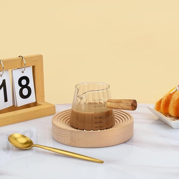 Glass Measuring Cup, 6oz Creamer Pitcher with Wood Handle, Creative Milk Frothing Pitcher Creamer Shot Glass (Transparent)