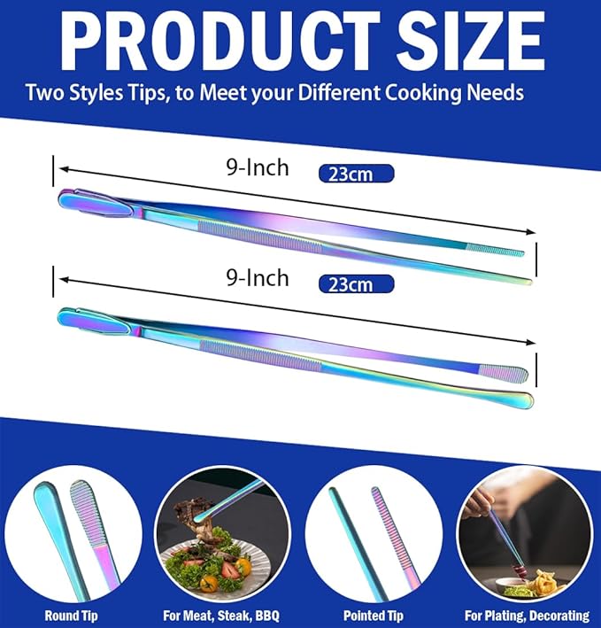 JETKONG 2 Pcs 9-Inch Culinary Tweezers Food Tweezers Kitchen Tweezer Tongs for Cooking (Rainbow) - Image 3