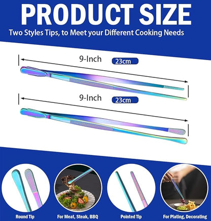 JETKONG 2 Pcs 9-Inch Culinary Tweezers Food Tweezers Kitchen Tweezer Tongs for Cooking (Rainbow) - Image 3