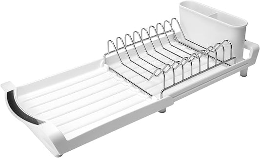 Dish Drying Rack Compact Expandable - A Space-Saving, Stainless Steel, Rust-Resistant Dish Drainer for Kitchen and Apartment Countertops/Sink Cabinets, Extendable from 11.42 to 19.9 inches (White) by PINCHENG