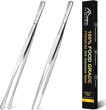 HOTEC Kitchen Tweezers Tongs Stainless Steel Professional Chef Tweezers, Set of 2-12inch Extra-Long Food Tongs for Cooking,Grill and Baking by Hotec