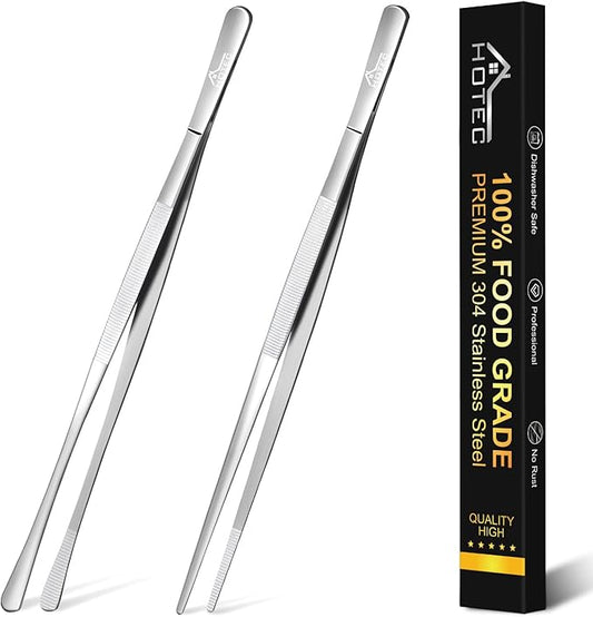 HOTEC Kitchen Tweezers Tongs Stainless Steel Professional Chef Tweezers, Set of 2-12inch Extra-Long Food Tongs for Cooking,Grill and Baking by Hotec